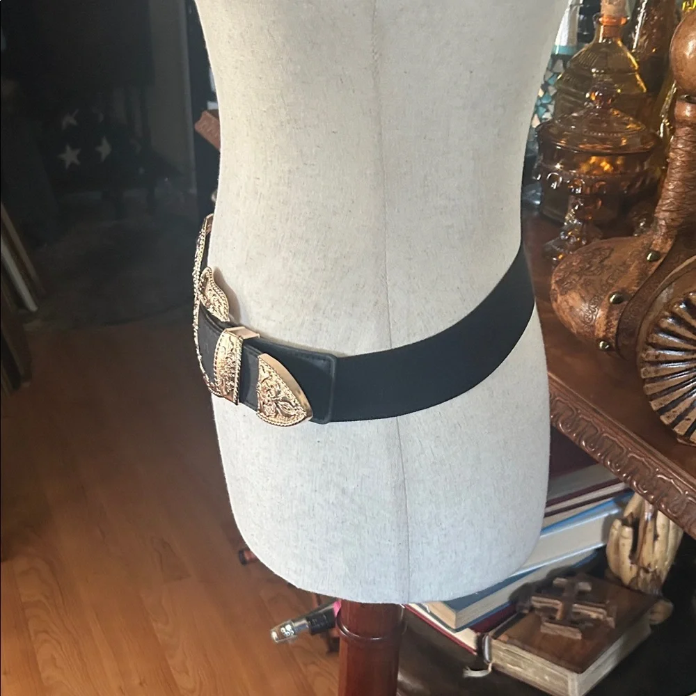 Western Double Gold Buckle Black Stretch Belt